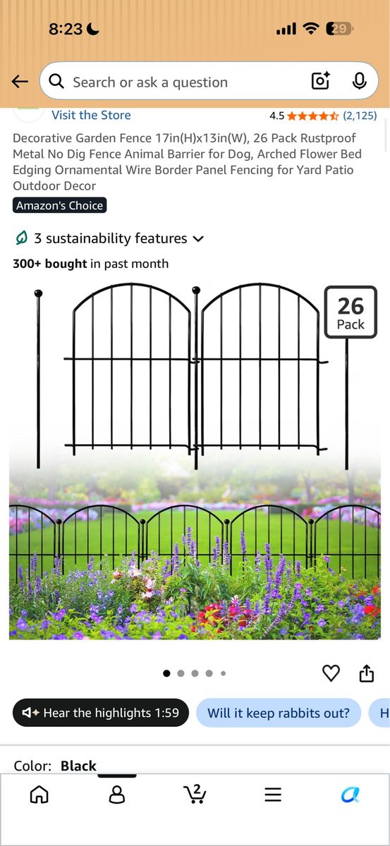 Decorative Garden Fence, 17"(H)x26'(L) Black Metal No-Dig Fence, Animal Barrier & Flower Bed Edging (26-Pack)