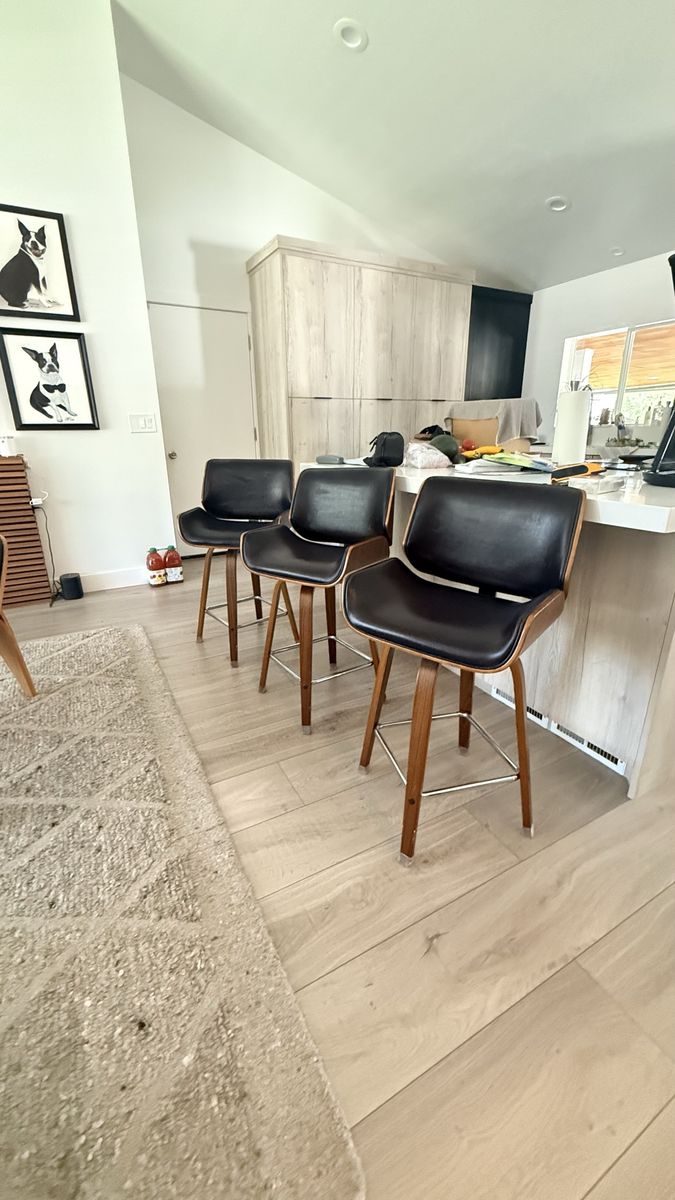Bar stools Set of 4 Mid-Century Modern Walnut & Black Leather counter height swivel.