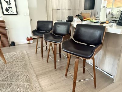 Bar stools Set of 4 Mid-Century Modern Walnut & Black Leather counter height swivel.