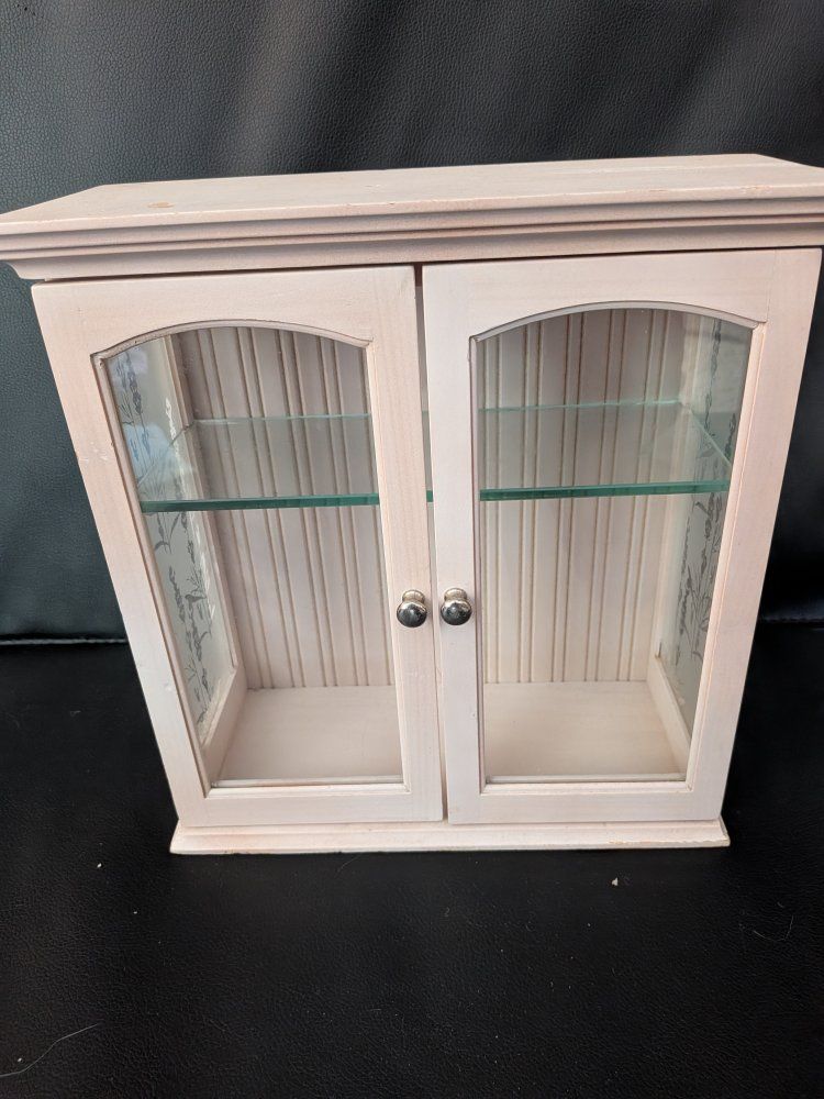 Vintage Shabby Chic White Wooden Wall Cabinet with Glass Doors and Shelves