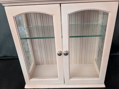 Vintage Shabby Chic White Wooden Wall Cabinet with Glass Doors and Shelves