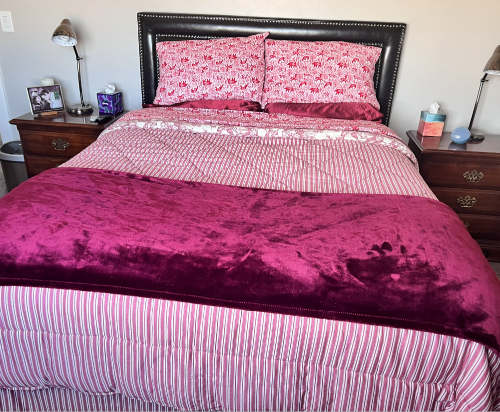 QUEEN BED AND BEDDING: Headboard, Rails, Box Springs, Mattress and ALL Bedding