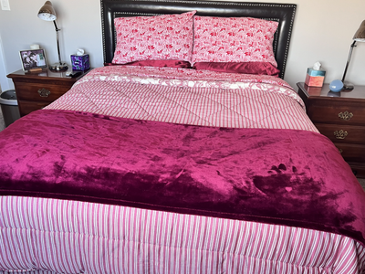 QUEEN BED AND BEDDING: Headboard, Rails, Box Springs, Mattress and ALL Bedding