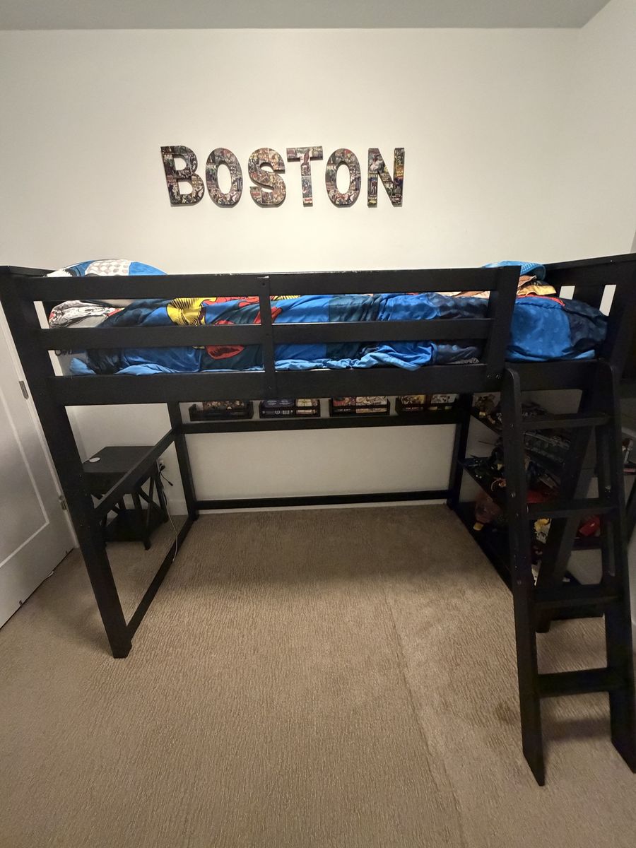 Black Twin Loft Bed Frame with Ladder - Space Saving Design for Kids/Teens