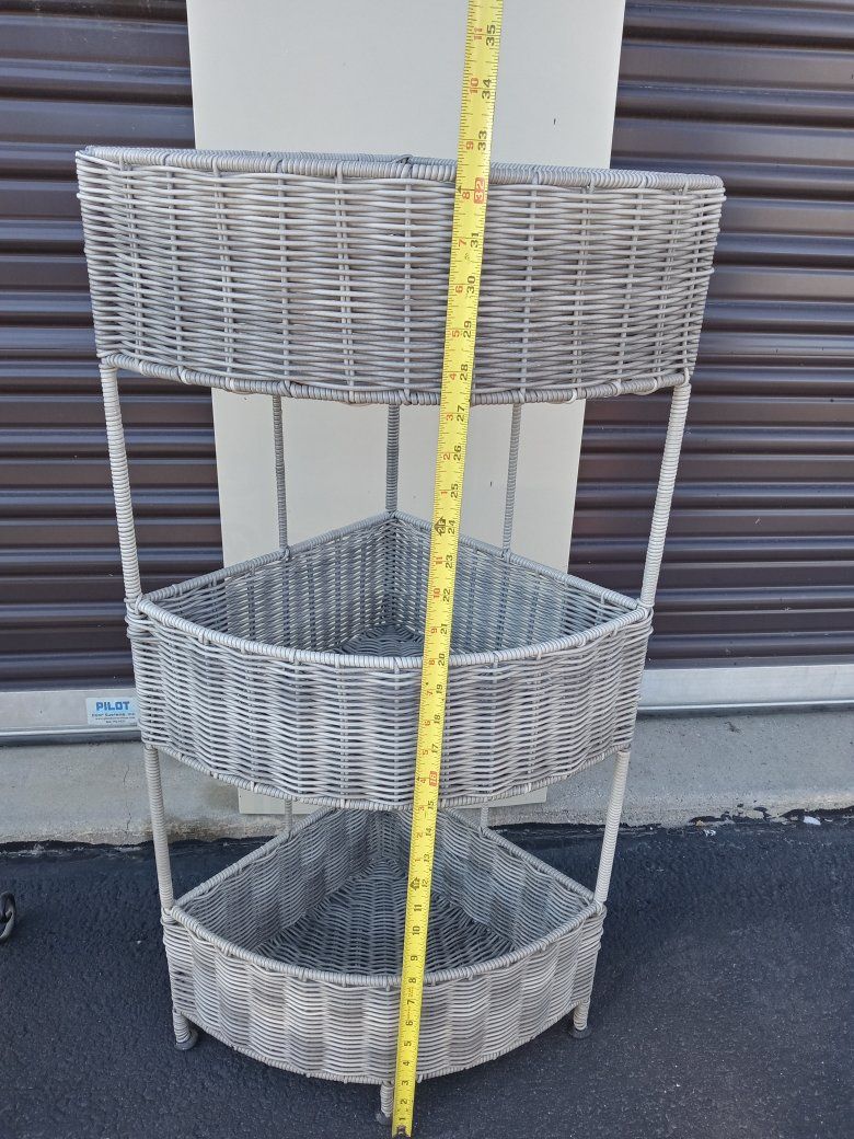 Gray Wicker 3-Tier Corner Storage Shelf Basket Unit - 34" Tall, Space-Saving Design