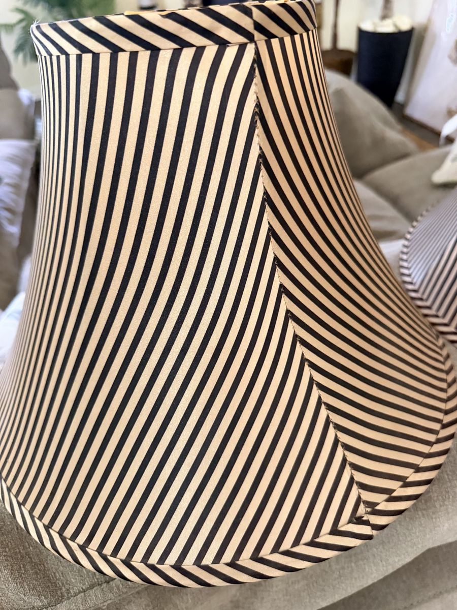 Vintage Set of 2 Black and White Striped Fabric Lamp Shades Satin Lined Circa 1960’s