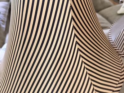 Vintage Set of 2 Black and White Striped Fabric Lamp Shades Satin Lined Circa 1960’s