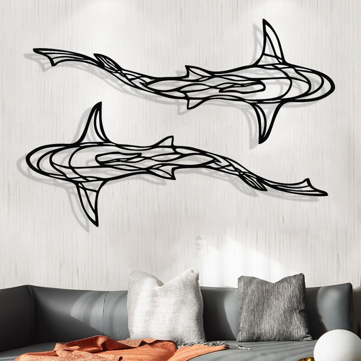 New Large 3D Metal Shark Wall Decor, Shark Line Wall Art, Metal Wall Art Decor
