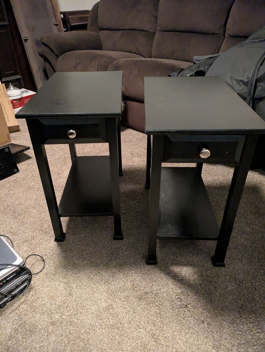Pair of Black Wooden End Tables with Drawers and Lower Shelves
