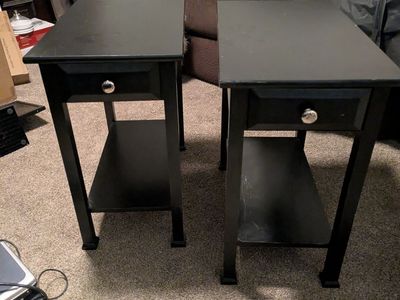 Pair of Black Wooden End Tables with Drawers and Lower Shelves