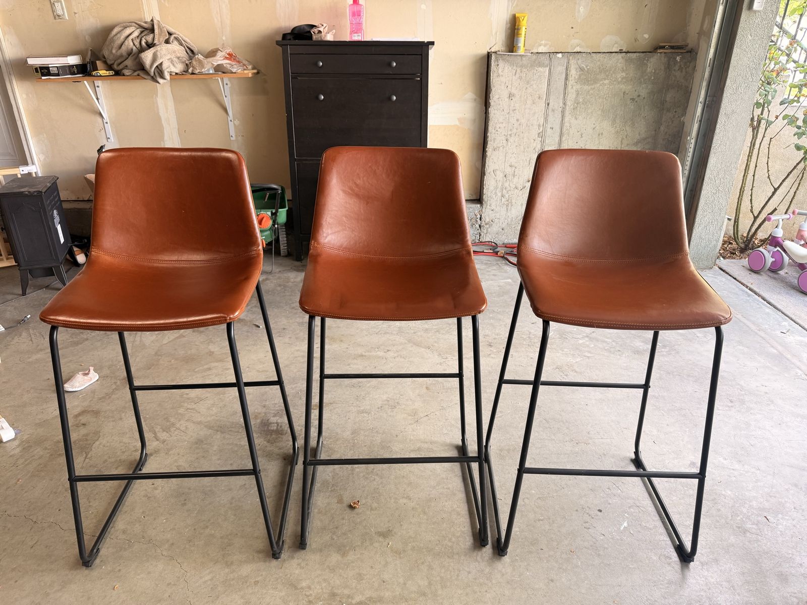 Set of 3 Brown Faux Leather Modern Barstools with Black Metal Legs
