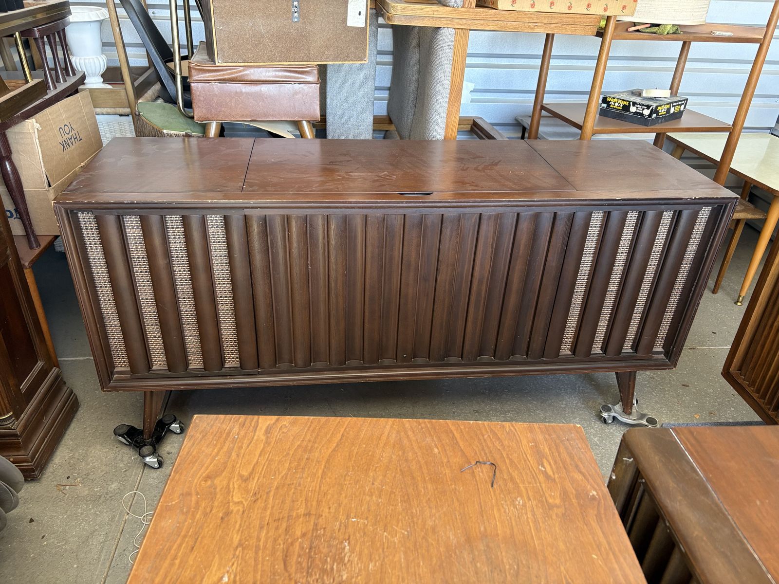 Vintage Mid Century Modern stereo consoles, record player, radio, entertainment credenzas MCM audio