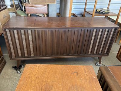 Vintage Mid Century Modern stereo consoles, record player, radio, entertainment credenzas MCM audio