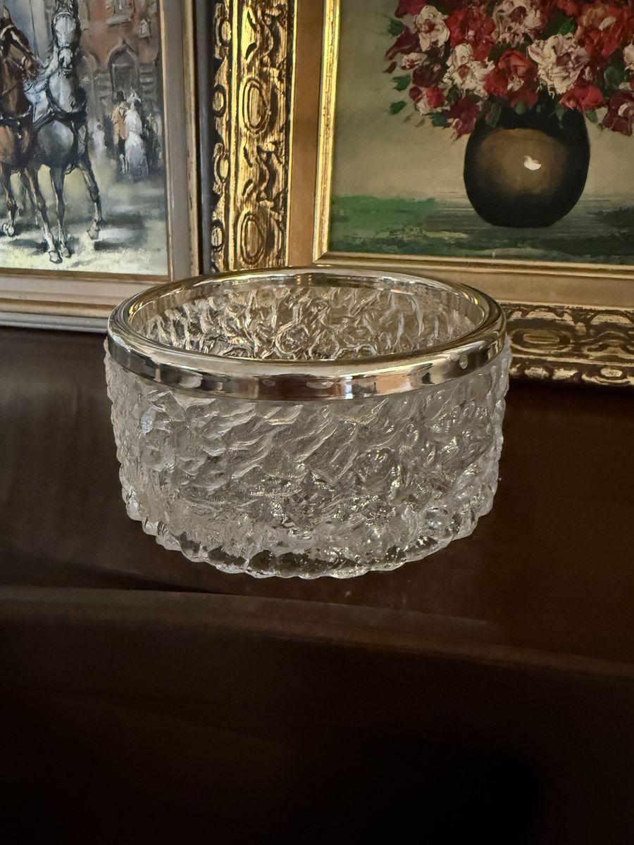 Vintage Clear Textured Glass Bowl with Silver Rim - Decorative Dish
