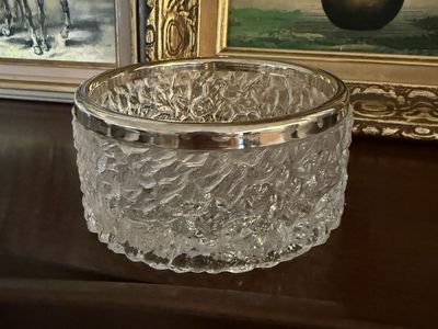 Vintage Clear Textured Glass Bowl with Silver Rim - Decorative Dish
