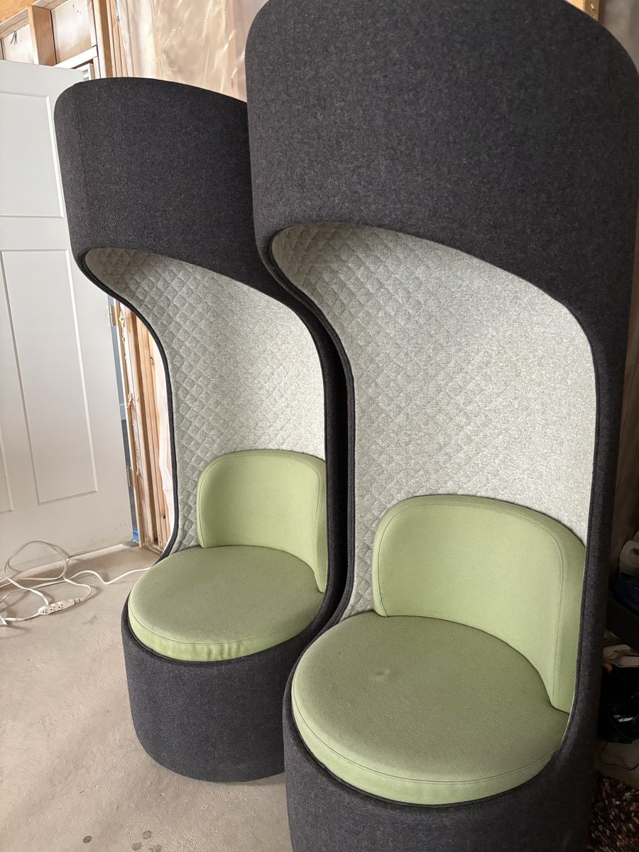 Pair of Modern High-Back Acoustic Pod Chairs - Gray Felt with Green Cushions, Privacy Seating