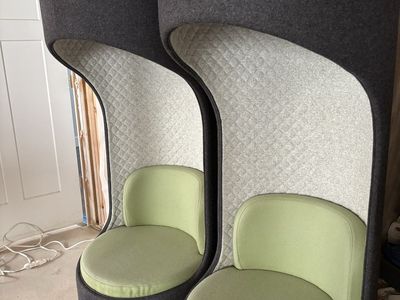 Pair of Modern High-Back Acoustic Pod Chairs - Gray Felt with Green Cushions, Privacy Seating