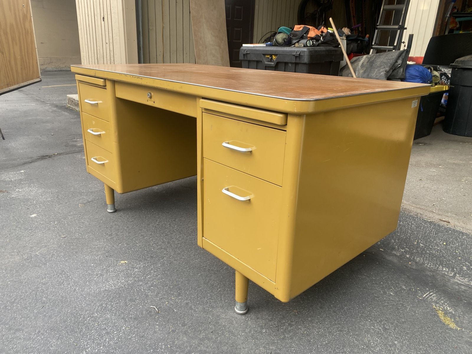 Vintage Mid-Century Heavy Duty Steel Office Desk - Harvest Gold Metal Executive Desk