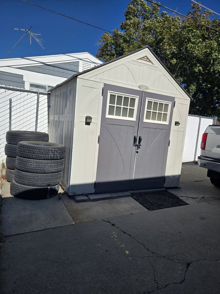 Outdoor Storage Sheds -  Grey (Gable Roof) and Blue (Single Door)