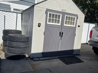 Outdoor Storage Sheds - Grey (Gable Roof) and Blue (Single Door)