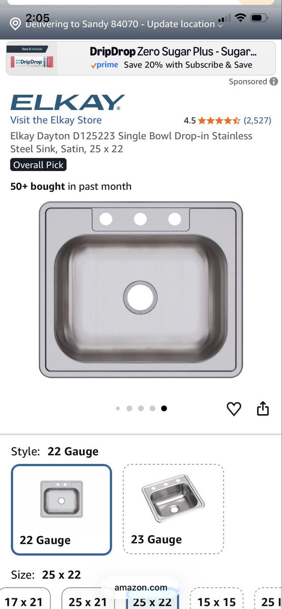 Single Bowl Drop-in Stainless Steel Kitchen Sink 25x22