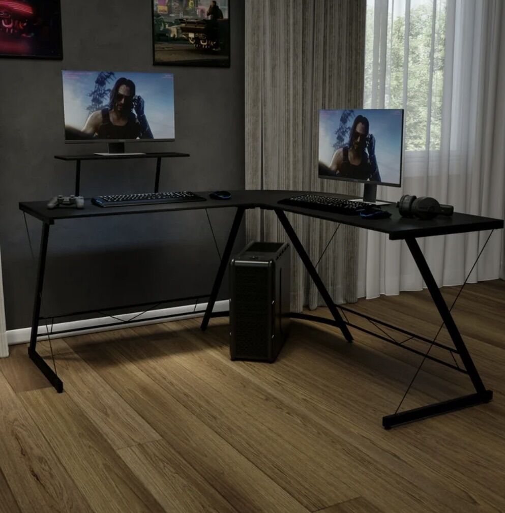 Modern Black Curved L-Shaped Desk / Workstation