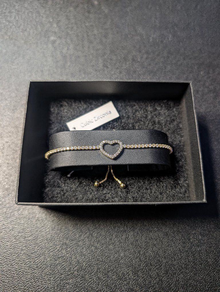 Cubic Zirconia Heart Slider Bracelet - Adjustable Gold Tone Tennis Style
