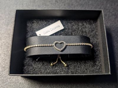 Cubic Zirconia Heart Slider Bracelet - Adjustable Gold Tone Tennis Style