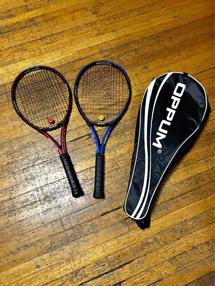 used once in Excellent cond. Lot of two 2 OPPUM a Blue & a Red Tennis Rackets with carrying case