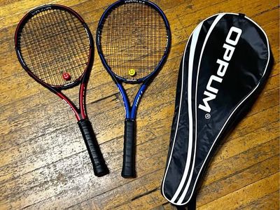 used once in Excellent cond. Lot of two 2 OPPUM a Blue & a Red Tennis Rackets with carrying case