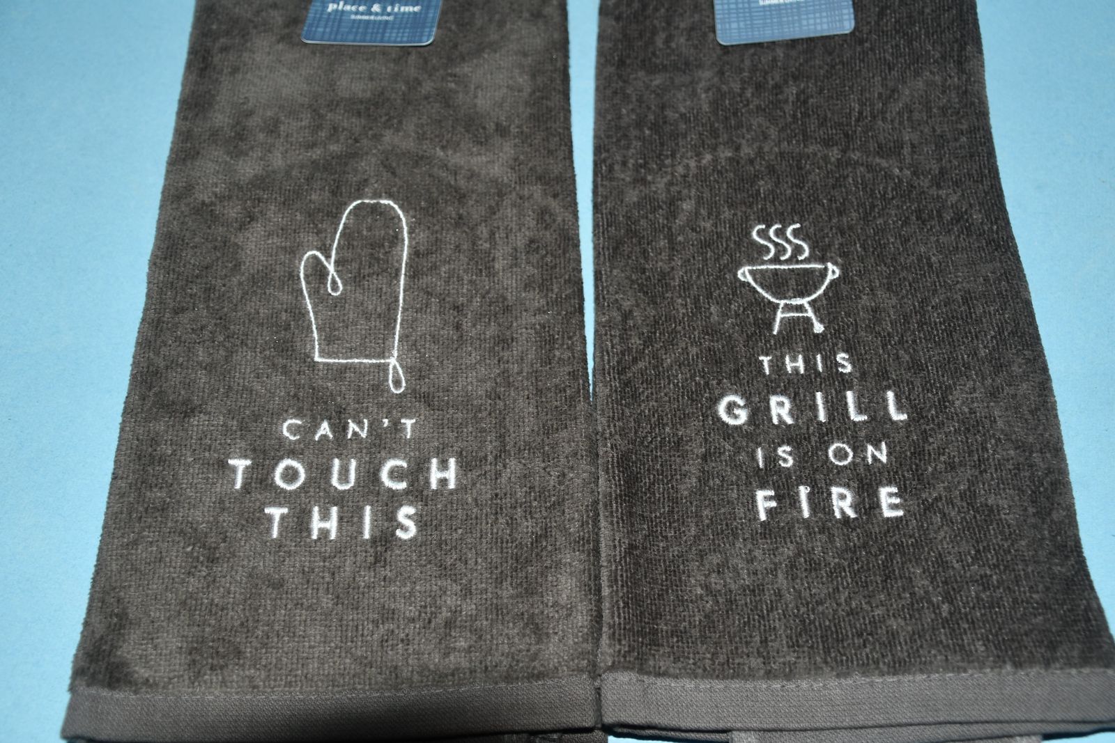 2 HIGH QUALITY TOWELS ~ 16" x 26" ~ GRAY with EMBROIDERED WORDS ~ BARBEQUE ~ GRILLING ~ BOTH FOR $5