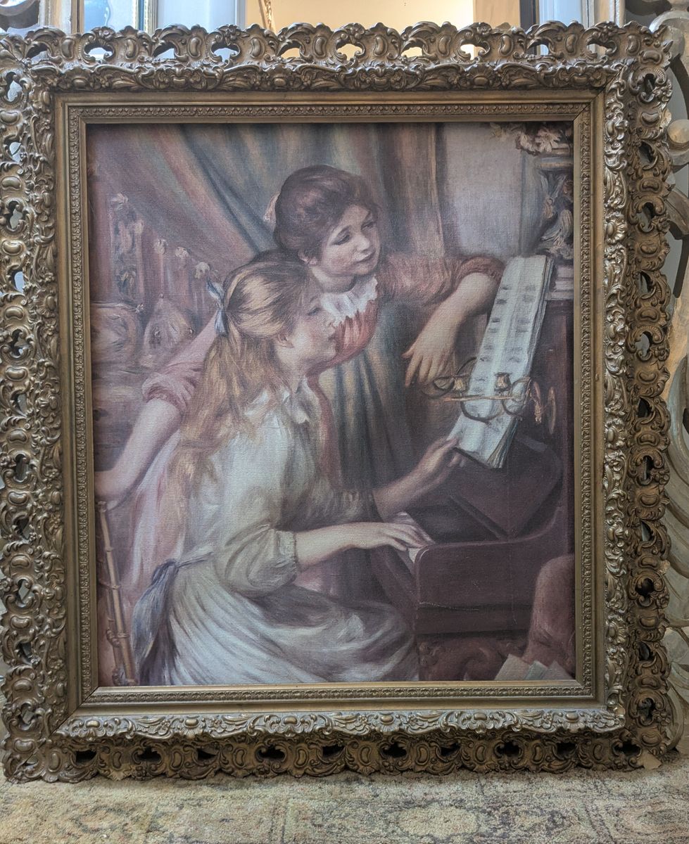 Framed Oil Canvas Lithograph Reproduction of "Young girls at the piano" by artist Pierree Auguste