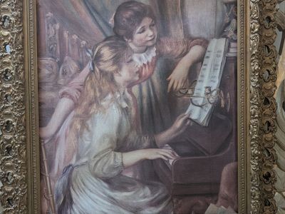 Framed Oil Canvas Lithograph Reproduction of "Young girls at the piano" by artist Pierree Auguste