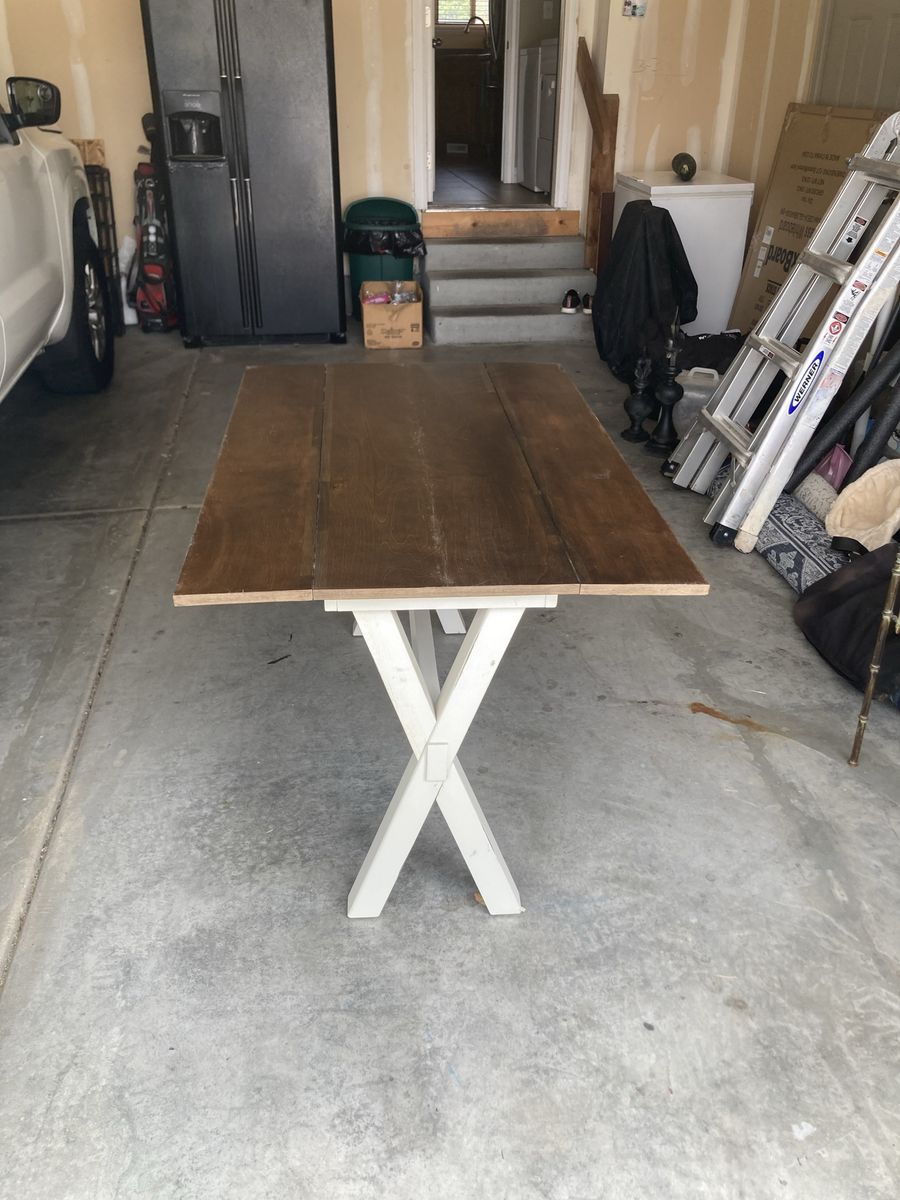 Rustic Farmhouse Adjustable Table with Dark Wood Top and White Trestle X-Base
