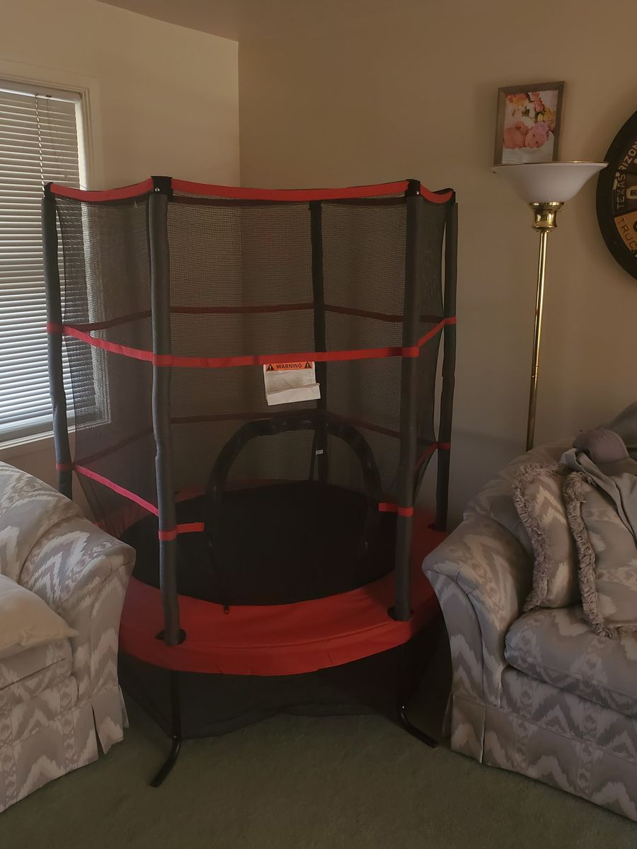 Kids Mini Trampoline with Enclosure - Red/Black, Compact Indoor Fun