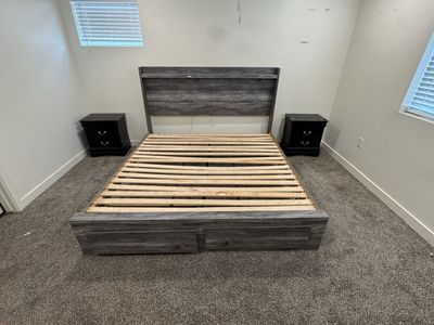 King Size Wooden Bed Frame with Headboard, Footboard Storage, and Matching Dresser!