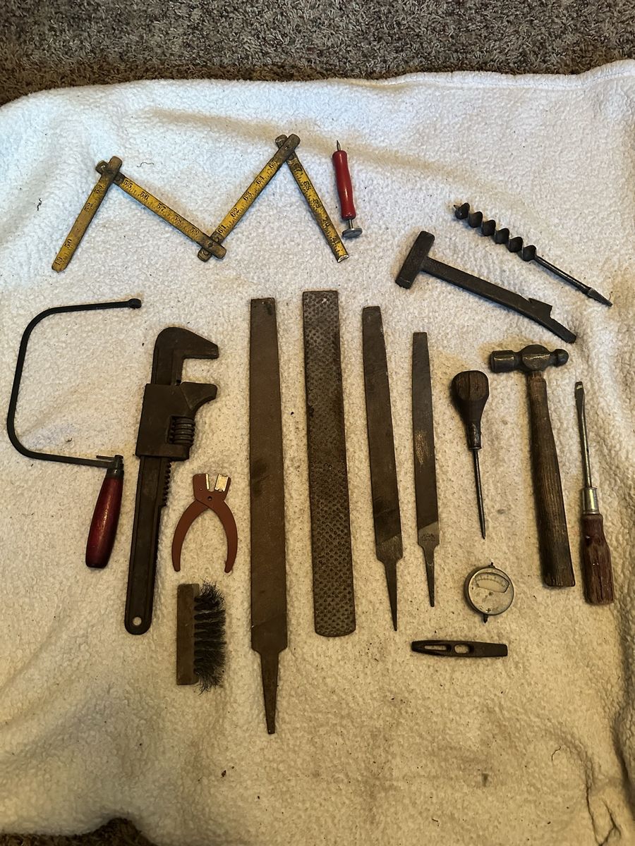 Vintage Hand Tools Lot: Files, Wrenches, Hammers, Drills, Measuring Tape - Antique Tool Set