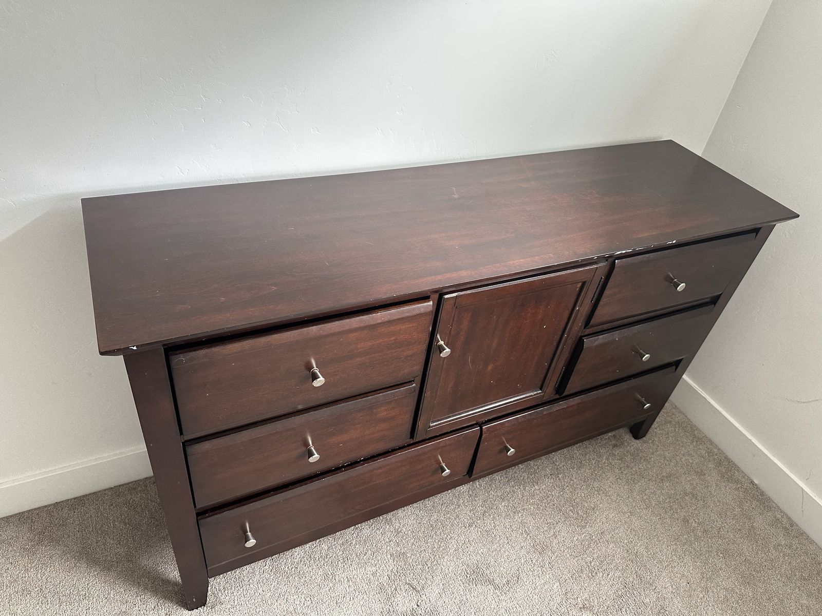 Dark Wood Dresser with 7 Drawers & Center Cabinet - Storage Solution