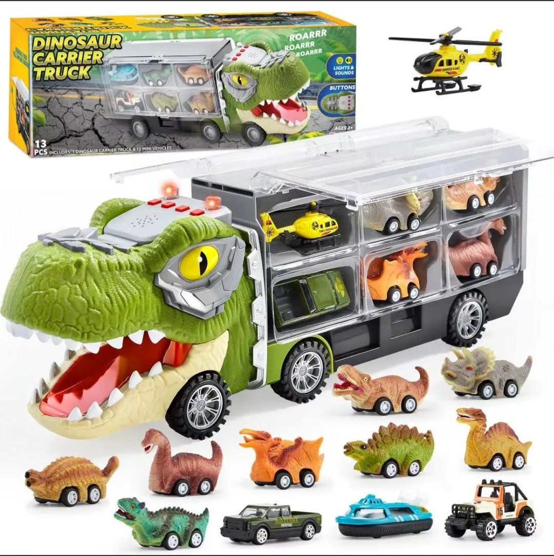 JOKIN Dinosaur Carrier Truck with 12 Mini Dinosaur & Vehicle Toys, Sounds & Lights