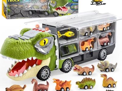 JOKIN Dinosaur Carrier Truck with 12 Mini Dinosaur & Vehicle Toys, Sounds & Lights