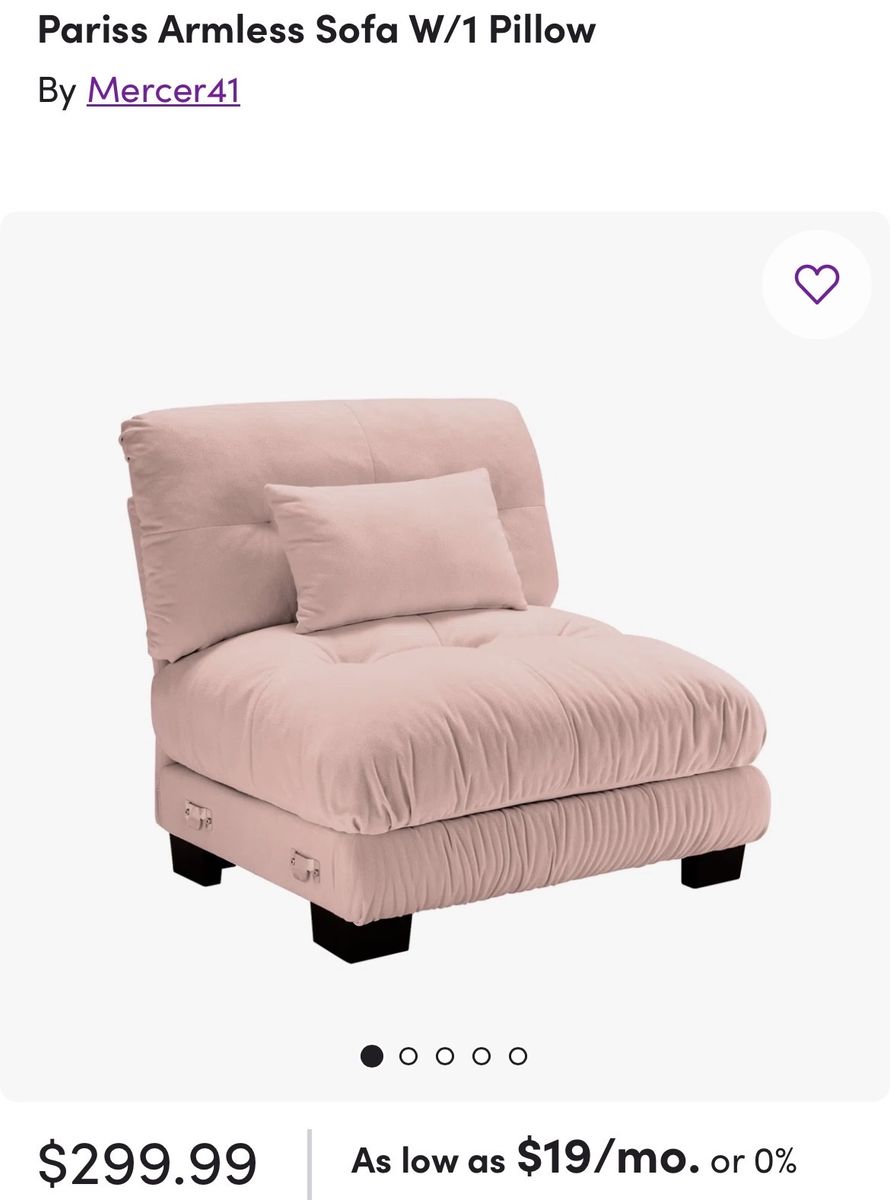 Pariss Armless Sofa with 1 Pillow - Pink, Unopened Box