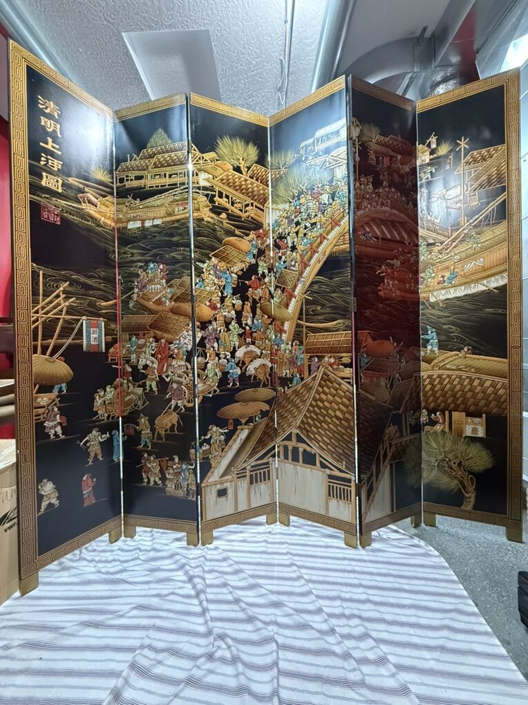 Hand-Painted 6-Panel Japanese Lacquer Screen