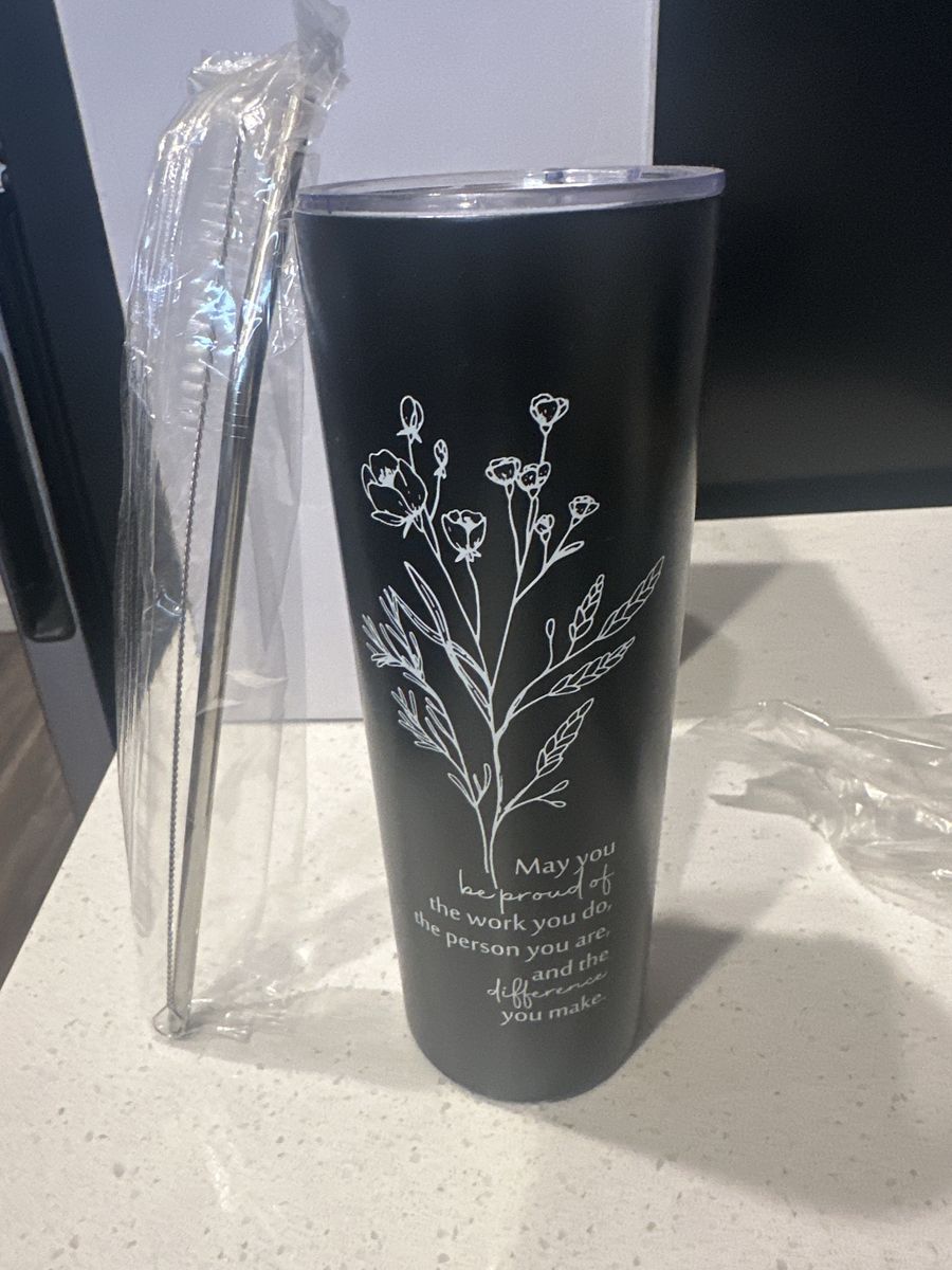Inspirational Floral Stainless Steel Tumbler with Straw and Cleaning Brush - Black
