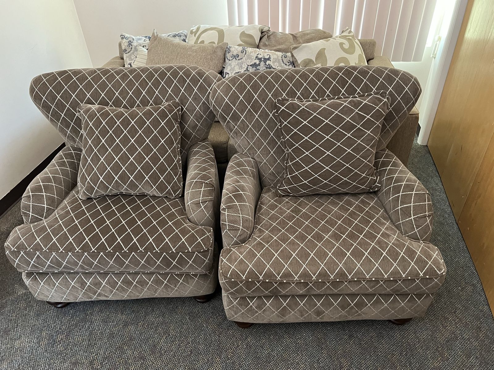 Pair of Upholstered Wingback Armchairs - Brown Quilted Diamond Pattern and 3 couch