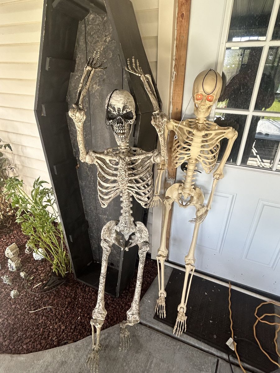 2 Pan Asian Creations Spirit Holloween Props 5.5 Feet Tall Skeletons (Eyes Light Up) & a 6 Feet Wood Coffin With Lid