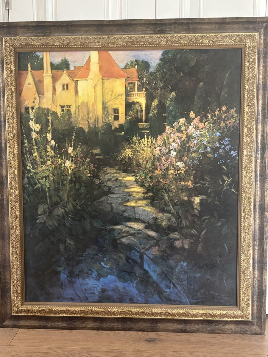 Large Framed European Garden Painting – 45” x 51”