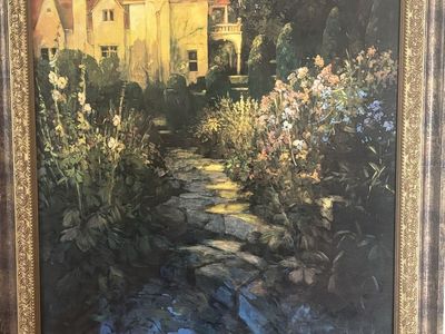 Large Framed European Garden Painting – 45” x 51”