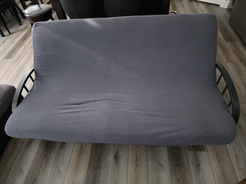 Black Metal Futon Frame with Gray Waffle Knit Futon Mattress cover - Couch or Bed