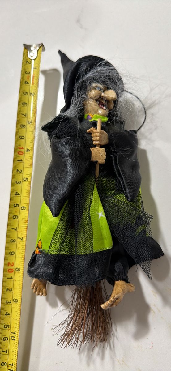 Hanging Witch Halloween Decoration with Broom and Black/Green Outfit