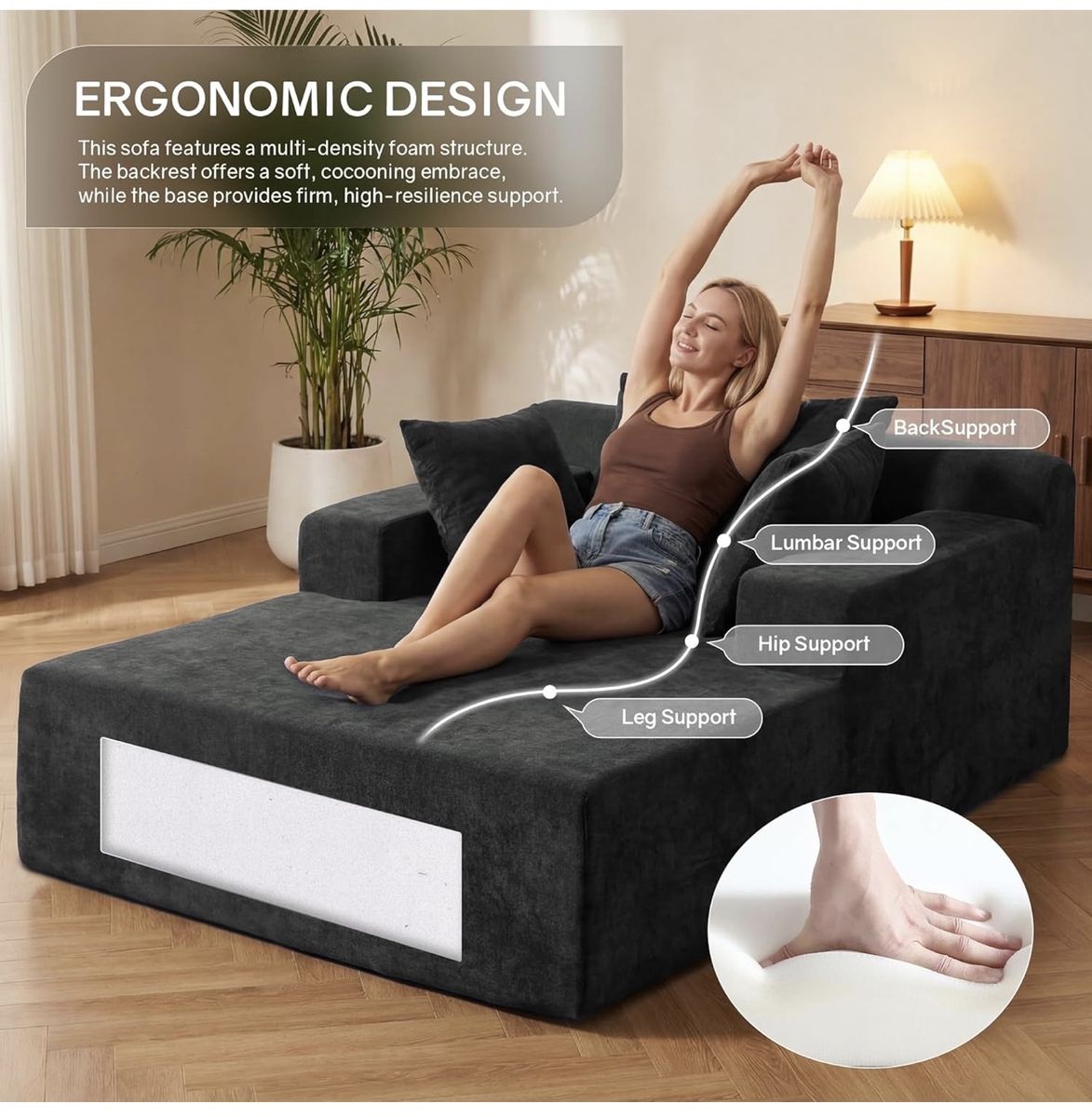 Dark Gray Ergonomic Memory Foam Oversized Chaise Lounge Sofa brand new